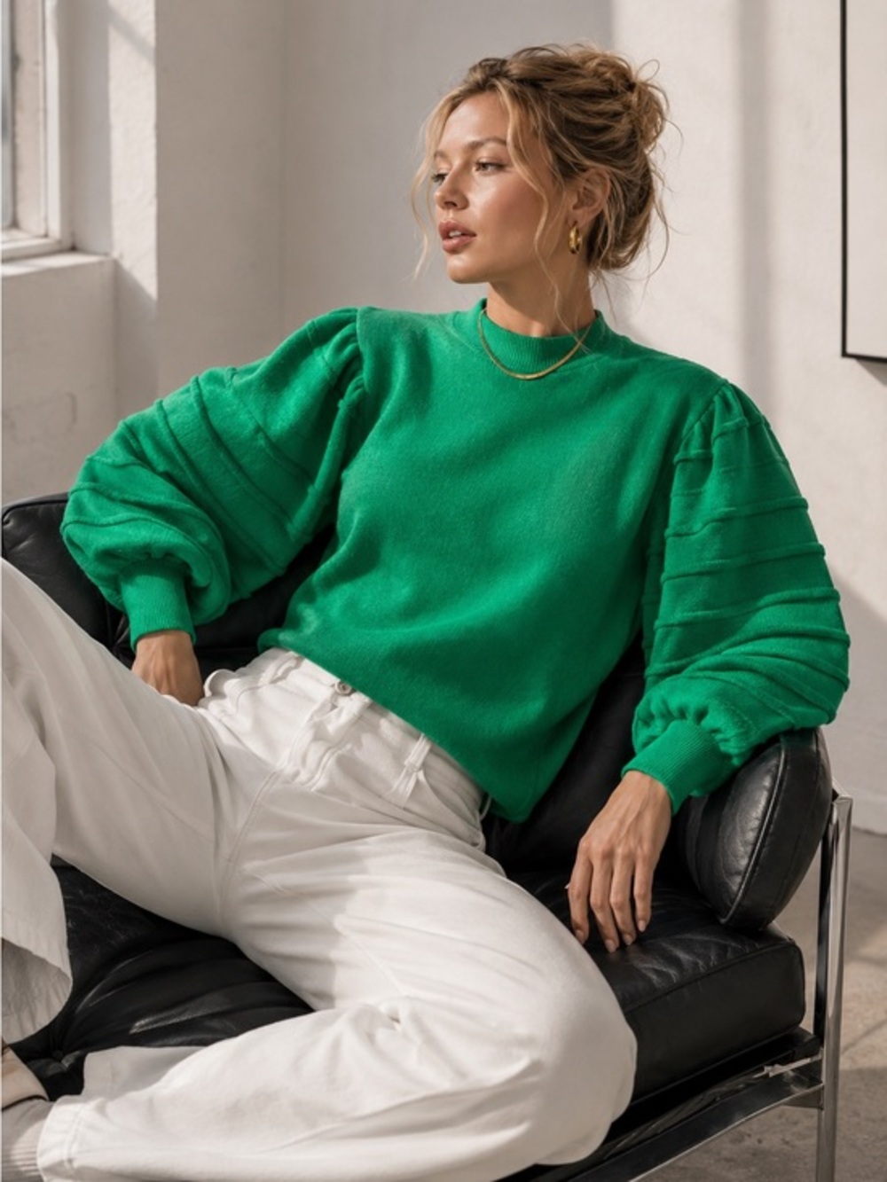 Vine & Love Emerald Green Puff Sleeve S Sweater Quiet Luxury Old Money
